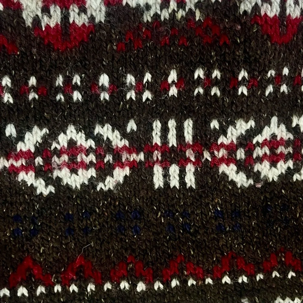 Vintage Wool Sweater Brown/Red Men Medium Fair Isle Nordic Thick Knit Snowflakes
